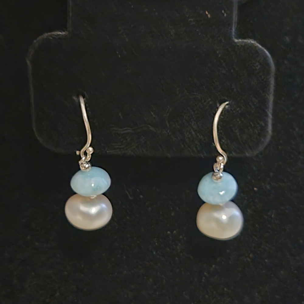 Saltwater pearl and larimar sterling silver earrings